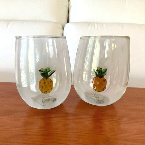 Anthropologie Cheerie Icon Stemless Wine Glass Set of 2 Yellow Pineapple - Picture 1 of 5